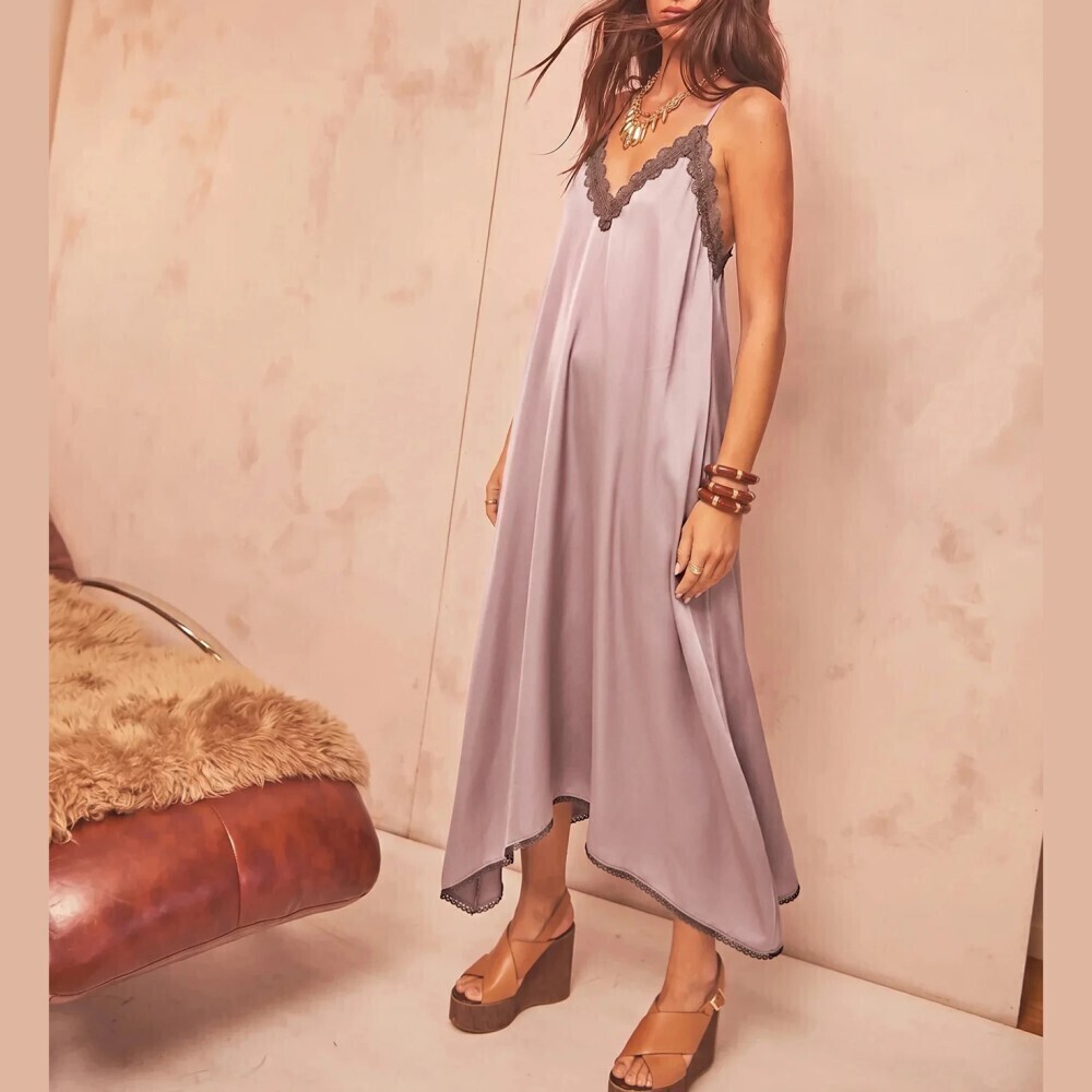 Mauve Satin Lace Trim Spaghetti Strap Handkerchief Hem Maxi Dress